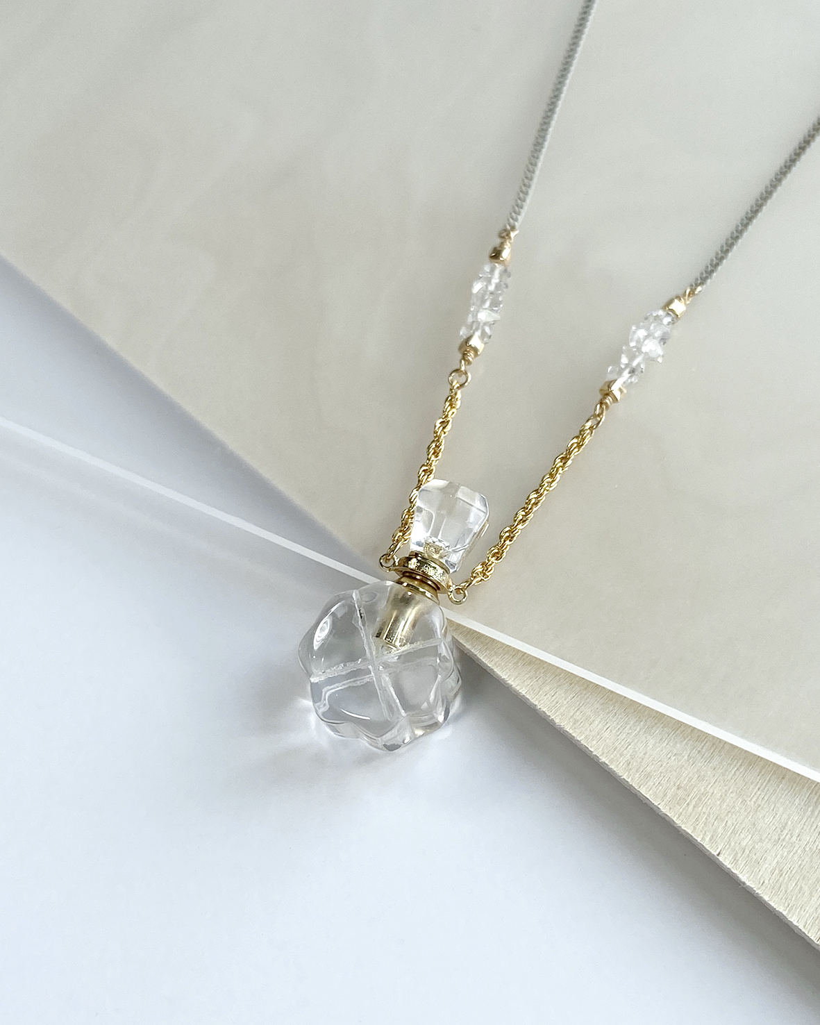clover shaped clear quartz crystal bottle necklace