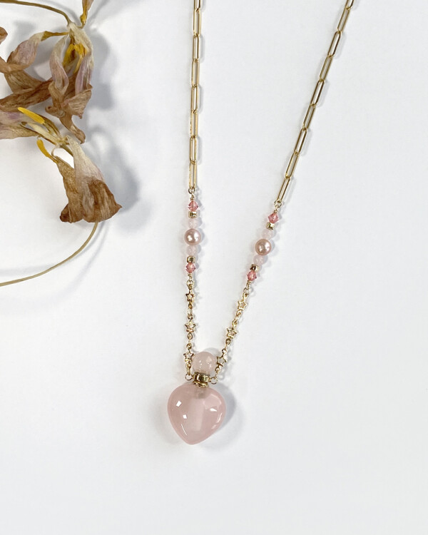 heart shaped pink rose quartz crystal bottle necklace