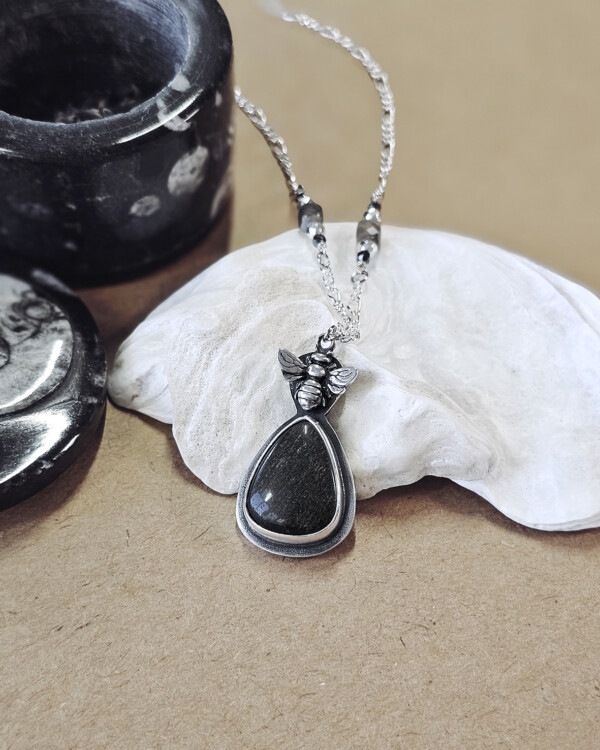 bee necklace with gold sheen obsidian gemstone on oxidized sterling silver