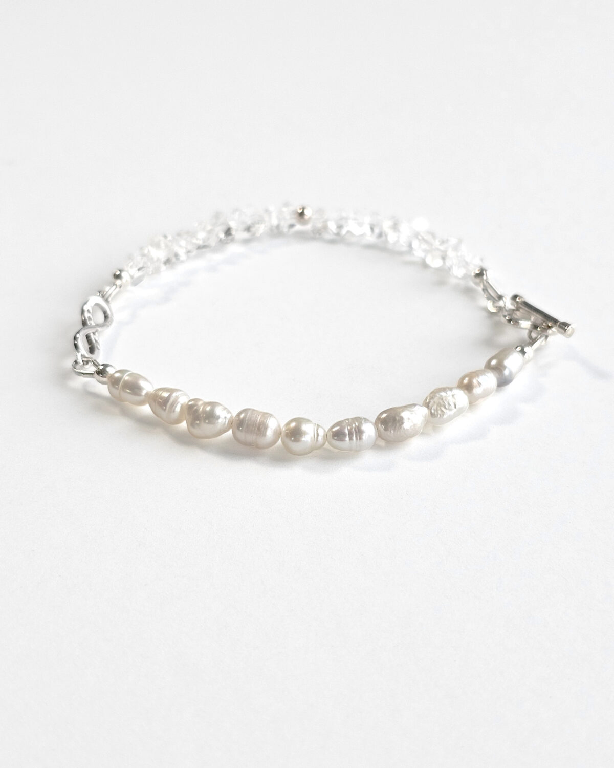 baroque pearls and herkimer diamonds bracelet with sterling silver infinite and four leaves toggle clasp