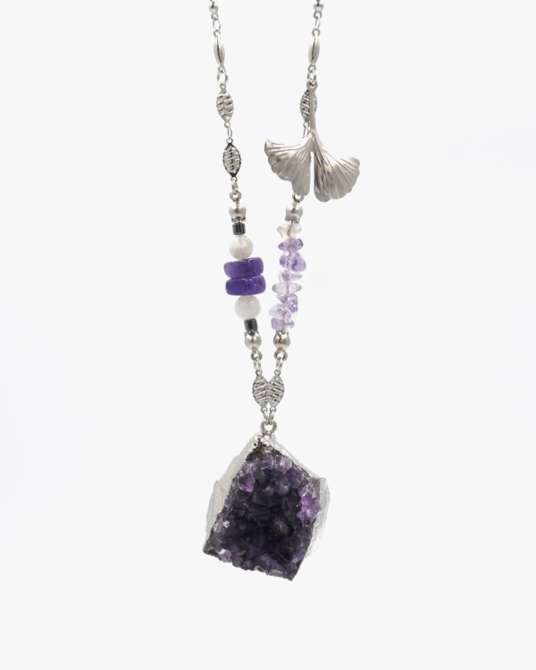 dark purple druzy amethyst raw crystal stone long necklace with ginko leaf ornament