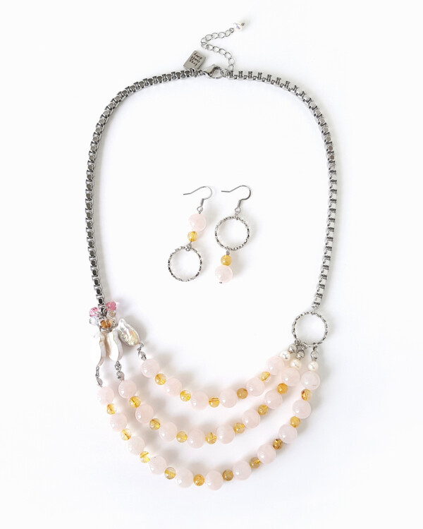 soothing light pink rose quartz and gold rutile quartz bib layer necklace and earrings set