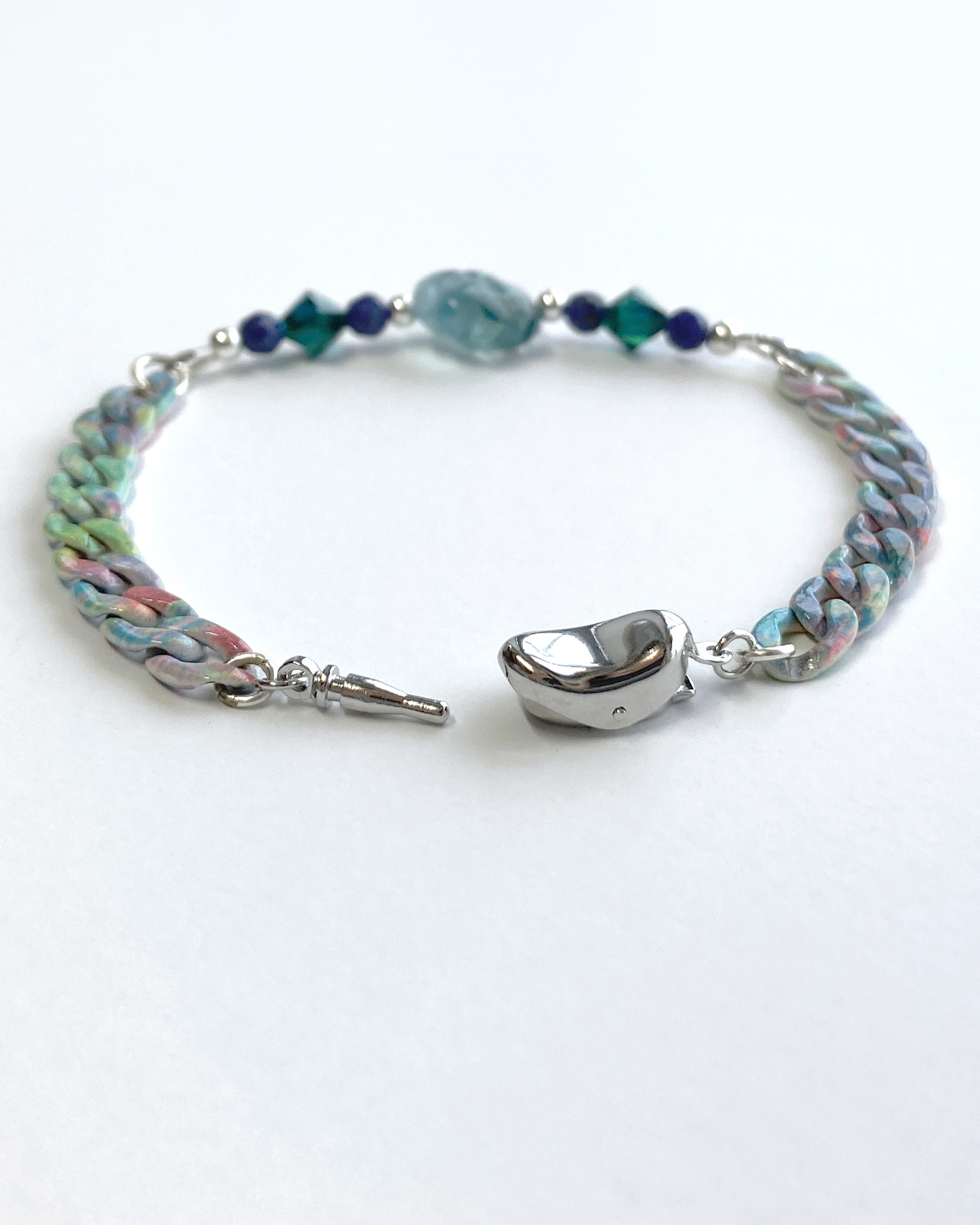 clover blue fluorite bracelet with lapis lazuli, dreamy pattern chain and silver ingot buckle clasp