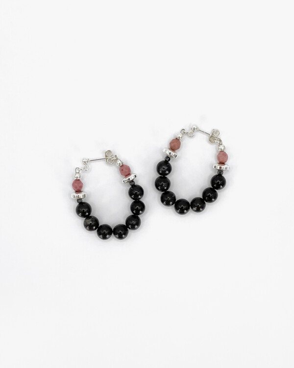black arfvedsonite stone beads hoop earrings