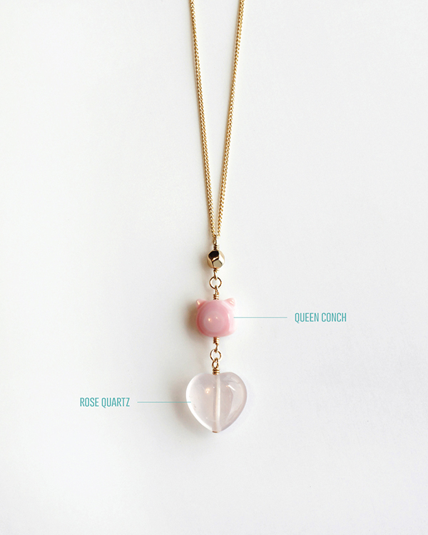 kitty head shaped pink queen conch and heart shaped rose quartz crystal with 14k gold-filled necklace