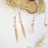 a set of kitty head pink queen conch long tassel dangling earrings and necklace, 14k gold-filled