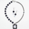 glam chic style statement necklace and earrings set of dark blue sandstone and pearl, square black agate pendant