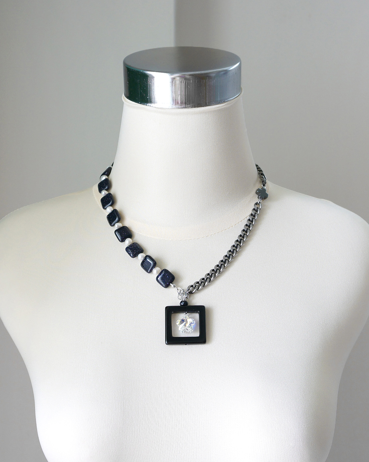 glam chic style statement necklace of dark blue sandstone and pearl, square black agate pendant