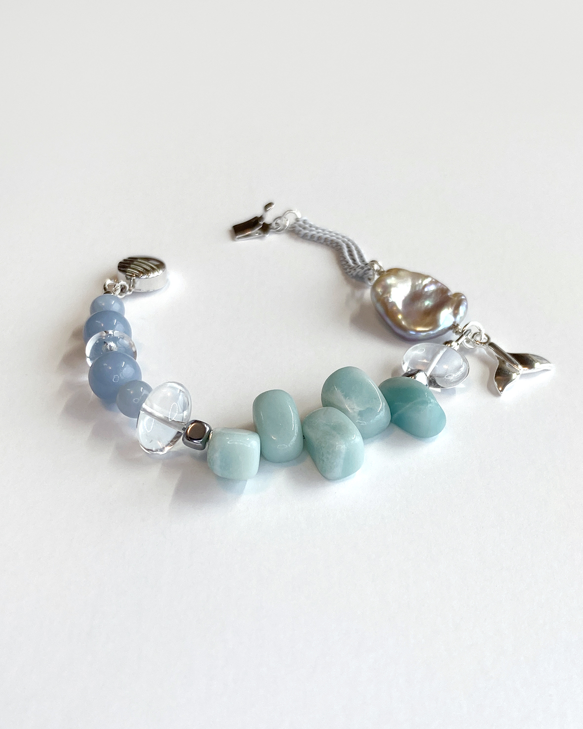 mermaid tail charm, soothing amazonite, clear quartz, angelite, baroque pearl combination bracelet