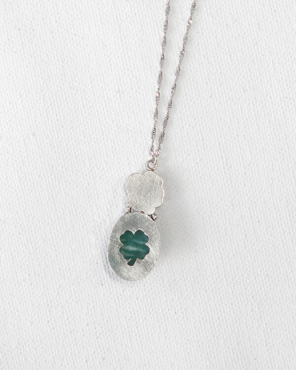 dark mint green amazonite stone pendant on oxidized sterling silver clover necklace