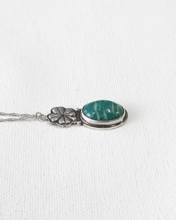 dark mint green amazonite stone pendant on oxidized sterling silver clover necklace