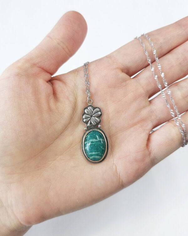 dark mint green amazonite stone pendant on oxidized sterling silver clover necklace