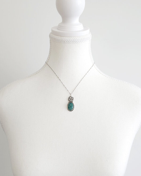 dark mint green amazonite stone pendant on oxidized sterling silver clover necklace