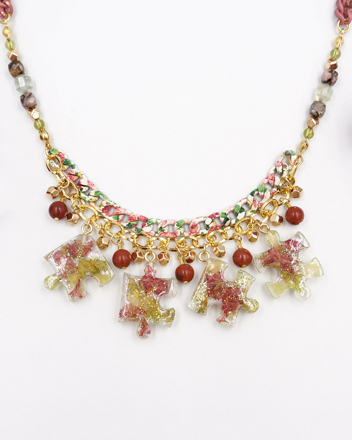 resin puzzles of spring flowers bib statement necklace