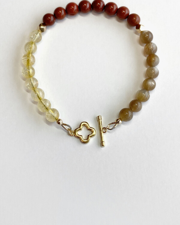 citrine, red jasper and sunstone stacking bracelet with gold plated sterling silver four leaves toggle clasp