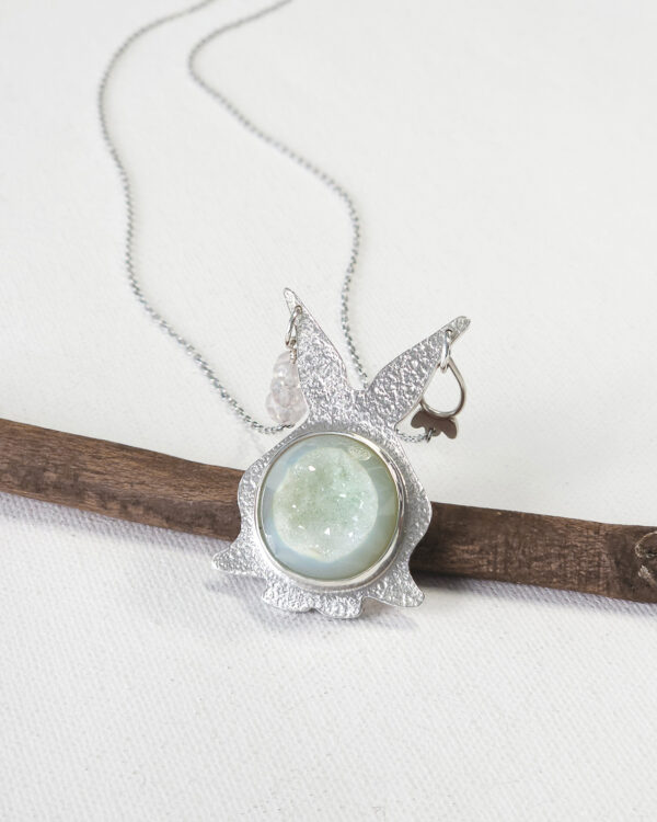 sterling silver matte furry rabbit with light green sparkling druzy stone pendant necklace