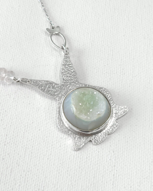 sterling silver matte furry rabbit with light green sparkling druzy stone pendant necklace