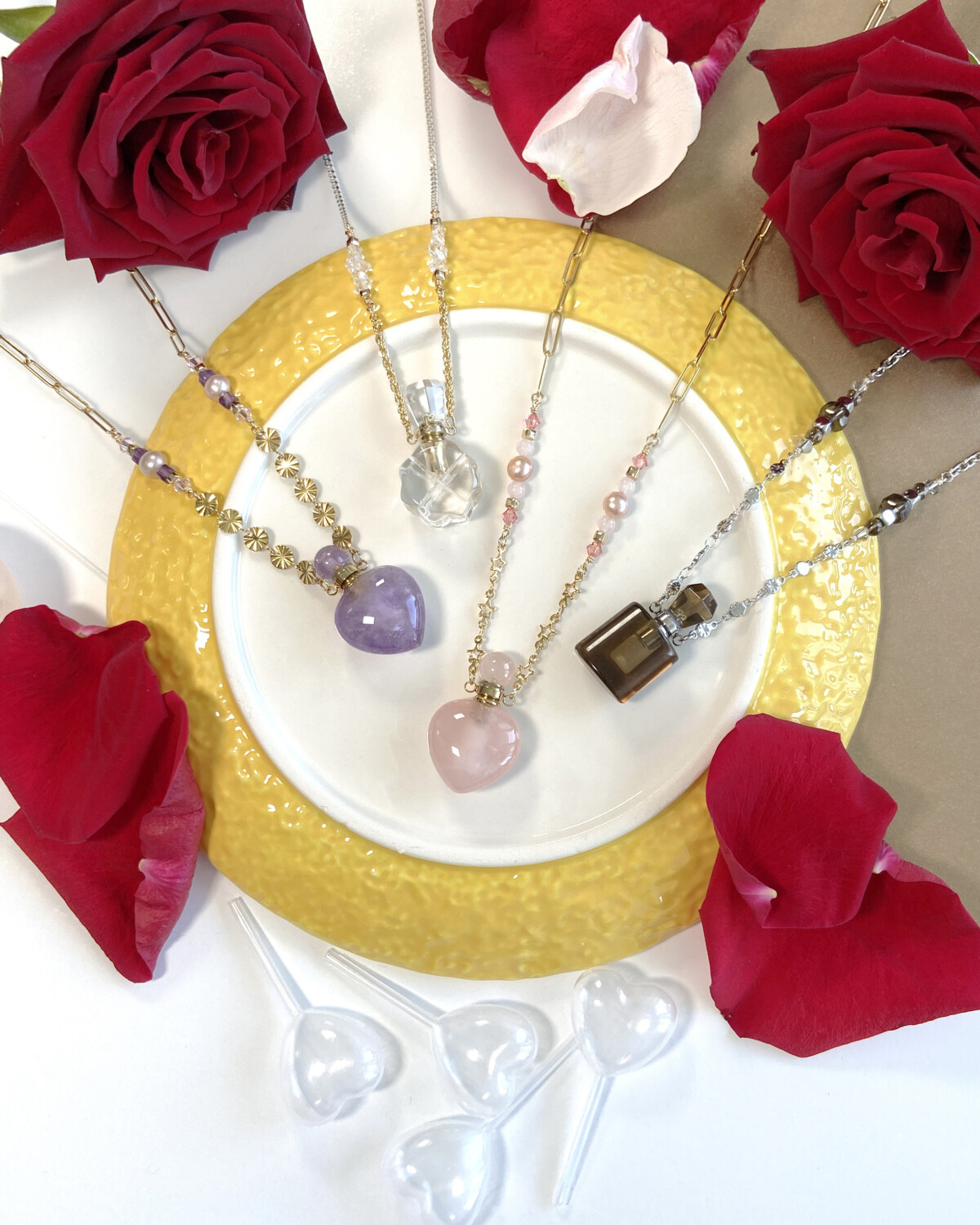gemstone crystal bottle necklaces, perfume essential oil accessories