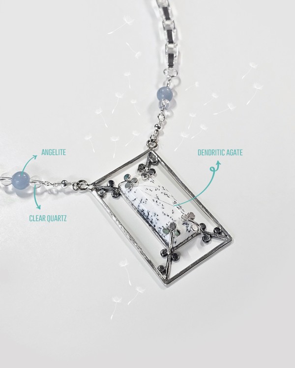 dandelion concept pendant with rectangular dendritic agate stone necklace