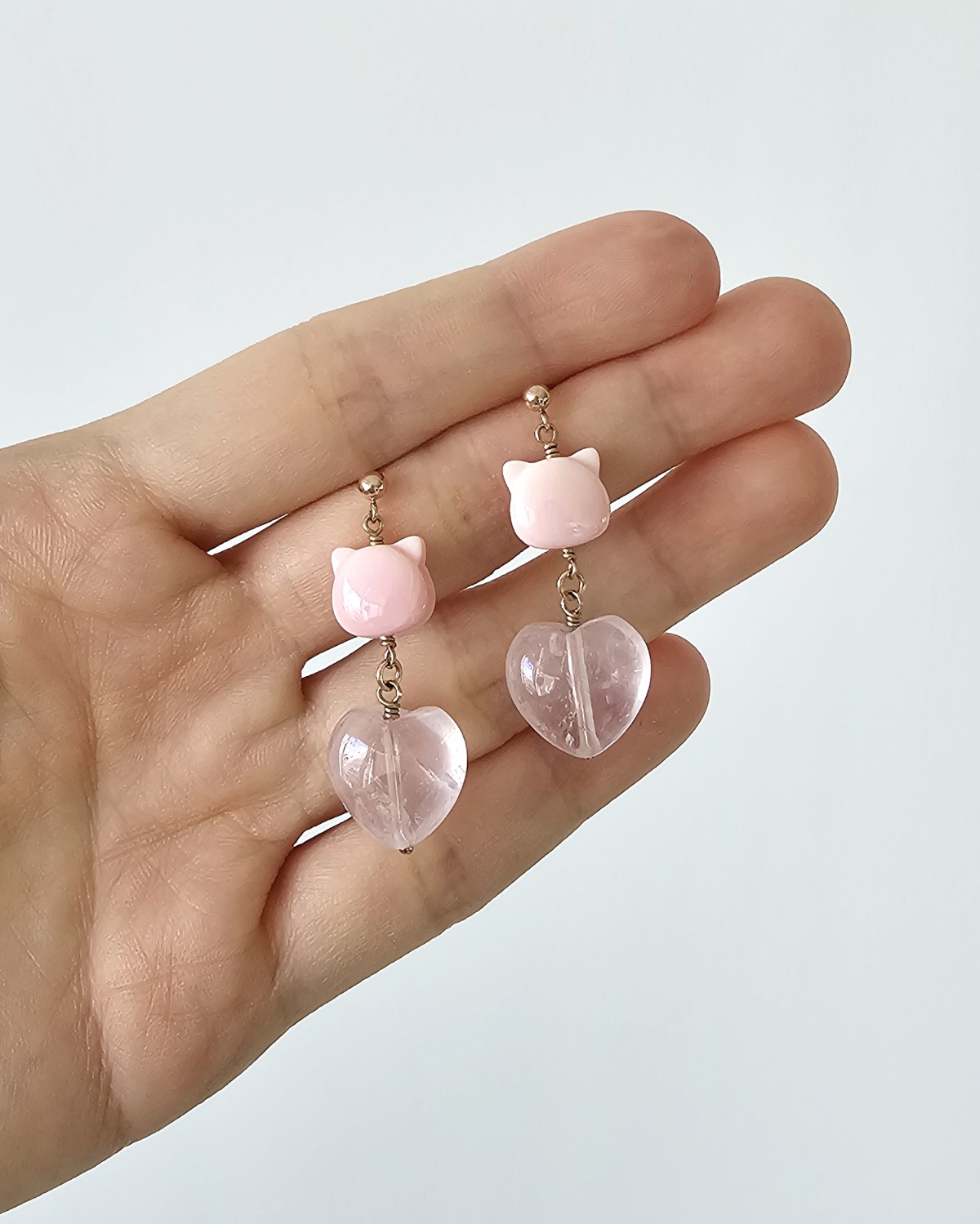 pink kitty with rose quartz earrings