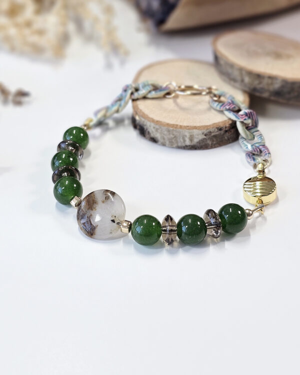 taiwan green jade bracelet with agate and smoky quartz, 14k gold-filled ring