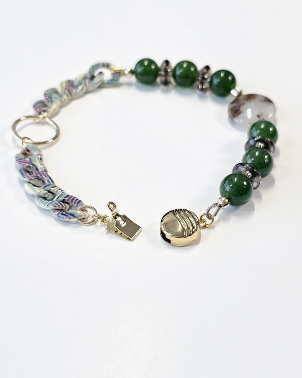 taiwan green jade bracelet with agate and smoky quartz, 14k gold-filled ring