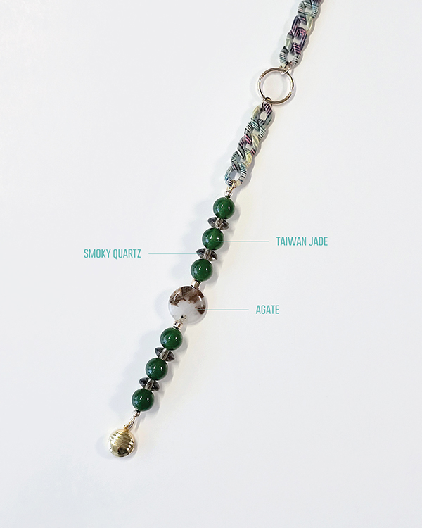 taiwan green jade bracelet with agate and smoky quartz, 14k gold-filled ring