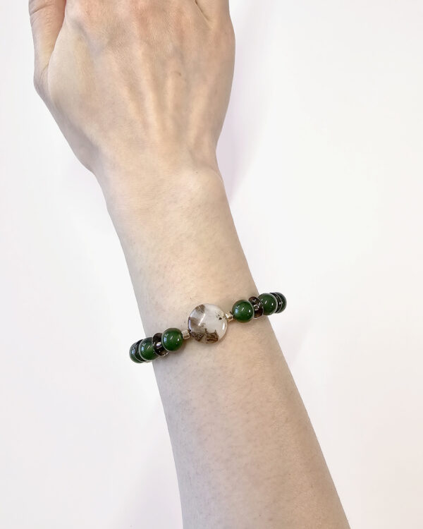 taiwan green jade bracelet with agate and smoky quartz, 14k gold-filled ring