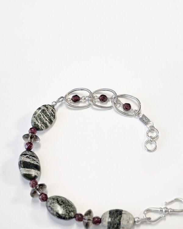 green zebra jasper stone bracelet with sterling silver link chain and garnet beads