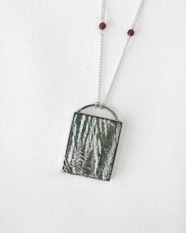 forest inspired rectangle chrysotile green zebra jasper stone pendant blackened sterling silver necklace