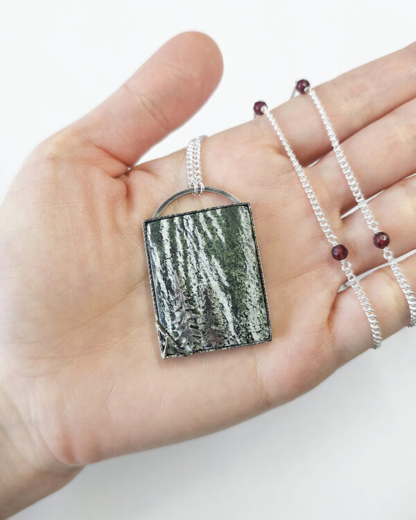 forest inspired rectangle chrysotile green zebra jasper stone pendant blackened sterling silver necklace