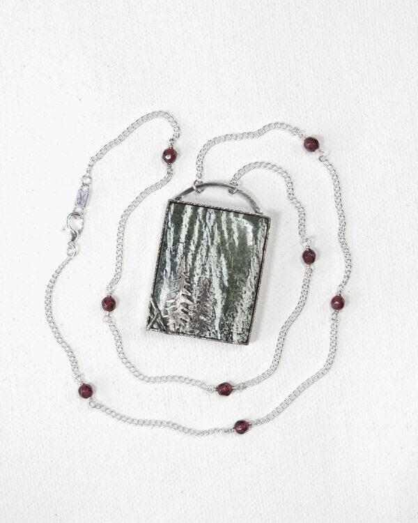 forest inspired rectangle chrysotile green zebra jasper stone pendant blackened sterling silver necklace