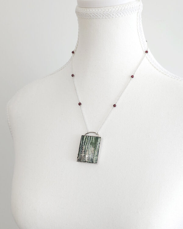 forest inspired rectangle chrysotile green zebra jasper stone pendant blackened sterling silver necklace