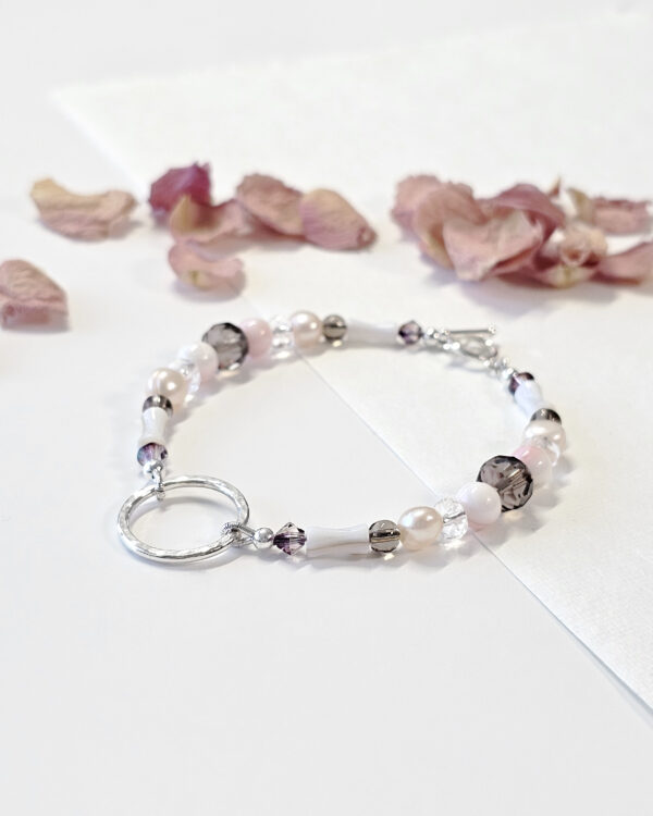 simple crystal pearl beaded bracelet with sterling silver ring embellishment