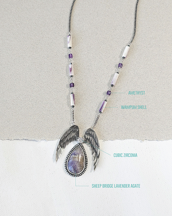 sterling silver wings necklace with sheep bridge lavender agate stone