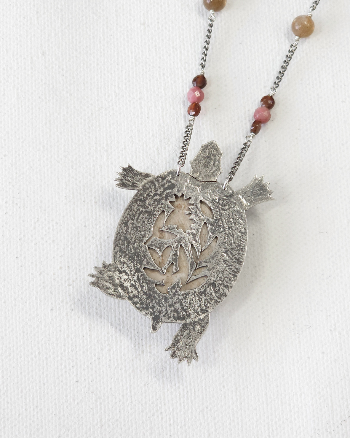 land turtle with fossil jasper cabochon sterling silver pendant necklace