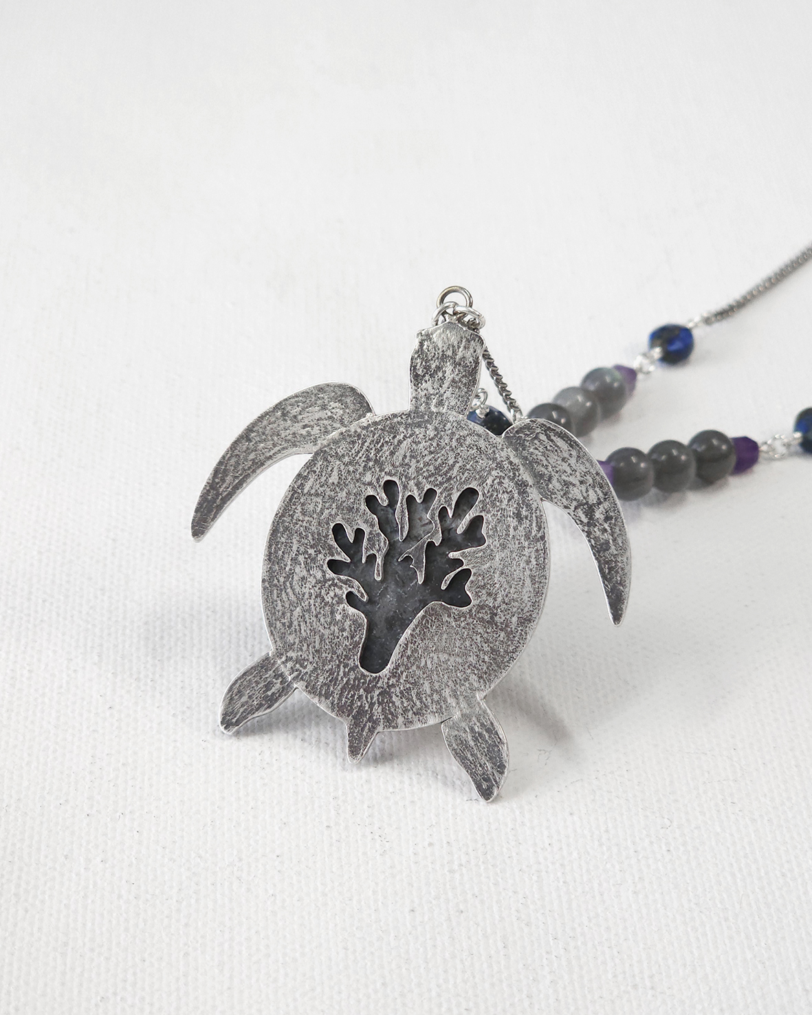 sea turtle with dark color fossil jasper cabochon sterling silver pendant necklace