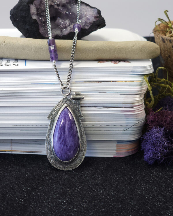 potion of positivity pendant necklace with charoite gemstone
