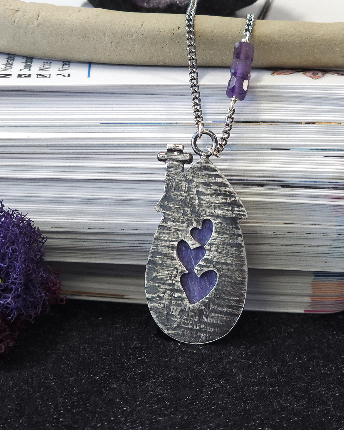 potion of positivity pendant necklace with charoite gemstone