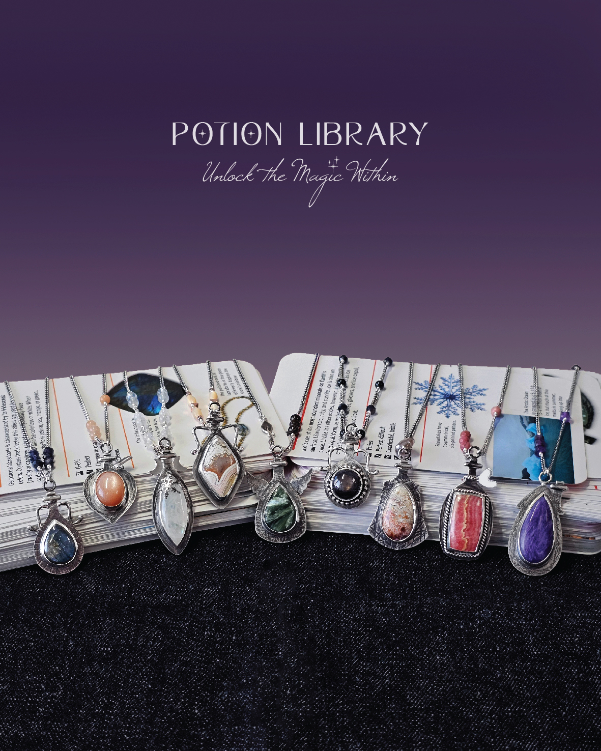 potion library - unlock the magic within - handmade sterling silver potion vial pendant necklaces
