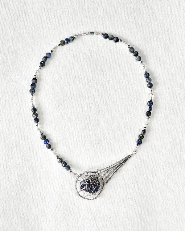 meteor inspired handmade necklace with silver wire-wrapped peacock ore and azurite beads