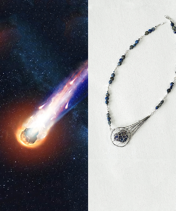 meteorite inspired handmade necklace with silver wire-wrapped peacock ore and azurite beads