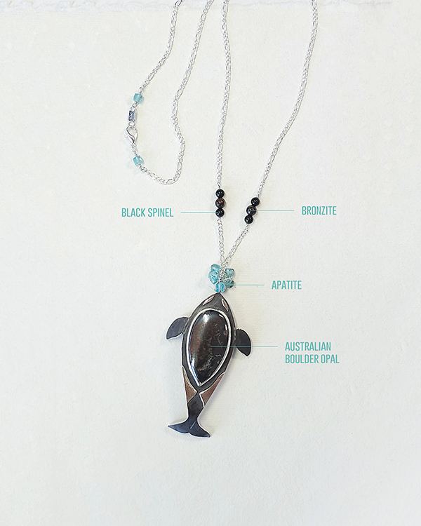 silver orca whale pendant with australian boulder matrix opal cabochon